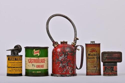 TINS: A collection of tins and oiler including Gargoyle Mobil Handy Oil