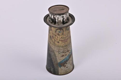 MONEY BOX: A 1920s Australian lithograph printed tin Dandy Candy money box made by Leckie & Grey, 19cm high