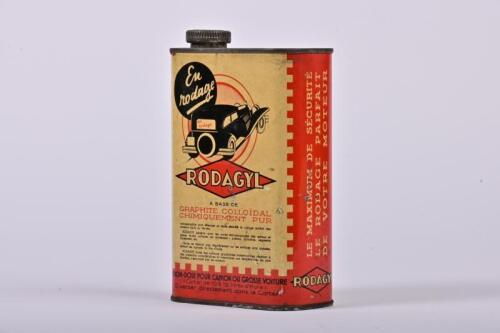RODOGYL: A circa 1930s French Rodogyl oil tin, 19cm high x 15cm wide.