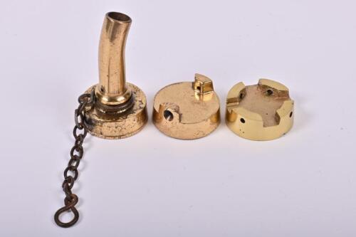 OIL CAN: Two oil can lids and one threaded filler, all in brass, circa 1920s/1930s