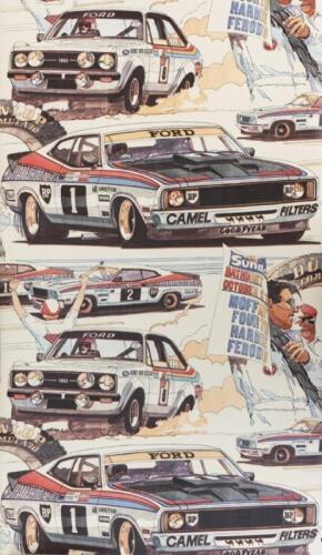 FORD RACING: An interesting circa 1977/8 roll of wallpaper featuring the victory of the Moffat Ford dealers at the 1977 Bathurst and the Nuwe Ford Escort, 260 long, 52.5cm wide