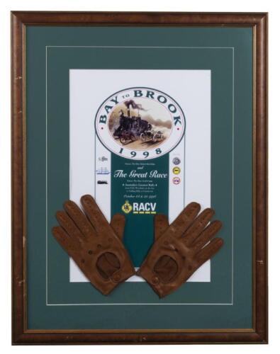 RACV: A 'Bay to Brook & The Great Race' poster from 1998 framed with leather driving gloves