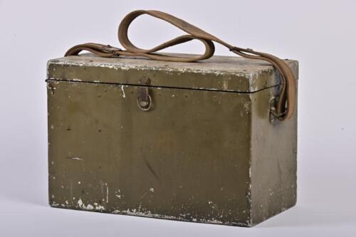 MILITARY WIRELESS: A 1941 Amalgamated Wireless (A/Asia) Ltd in metal box, instruction to inner lid, 26cm high, 39cm wide, 21cm deep