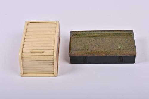 CIGARETTE BOXES: Two cigarette boxes, one Art Deco Bakelite, the other a tambour door with simultaneous splaying action as the door is opened, the largest 6cm high, 14cm wide, 8cm deep