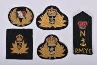 NAVAL BADGES: Four naval badges and an epaulettes, comprising a Royal Motor Yacht Club epaulette, Royal Navy officers cap badges, post-1952, a probable reproduction of a pre-1900 officer beret badge and a French merchant navy cap badge
