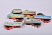 TOFFEE BOXES: A six mid-20th century tin toffee and lollies boxes, depicting aeroplanes and ships, includes Ansett and BOAC, the longest 26cm wide - 2