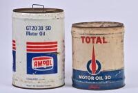 MOTOR OIL DRUMS: Two five gallon motor oil drums from 'AMPOL' and 'TOTAL'