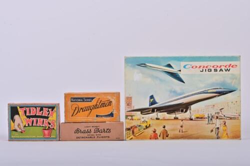 VINTAGE TOYS: A collection of mid-20th century toys, including a Concorde jigsaw puzzle, the puzzle box 4cm high, 28cm wide, 20cm deep