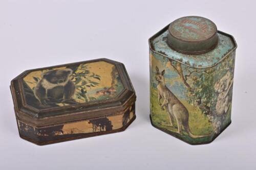 AUSTRALIANA: Two vintage tins depicting Australian animals, including a Bushells Tea tin, the tallest 17cm high