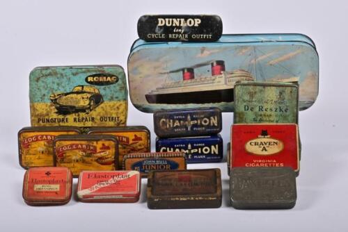 TINS: A collection of tin including the Queen Elizabeth, puncher repair, tobacco and spark plug tins