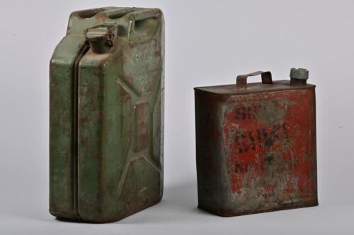PETROL: Two fuel carry cans. Two gallon 'SHELL' fuel can