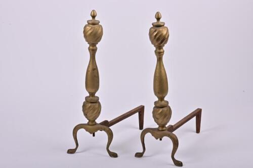 ANDIRONS: A pair of antique style brass and wrought iron andirons, 48cm high