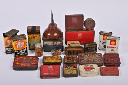 TINS: A collection of various tins including tobacco, tyre repair kits and Shell household oil