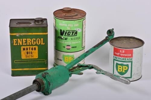 BRITISH PETROLEUM: Four pieces of British Petroleum garagenalia. B.P embossed Tallboy Pump and Tins