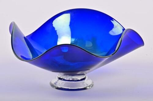 TRAUTMAN ART GLASS: A circa 1960s Trautman Art Glass (TAG) blue opalescent bowl, impressed to punt: TAG, 13cm high, 29cm diameter at widest point