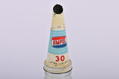 AMPOL: A glass one litre oil bottle by 'B.T N.S.W' with associated 'AMPOL 30' metal pourer