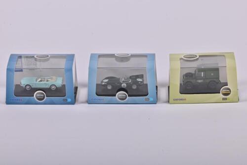 SMALL DIECAST: Three 1:76/1:87 scale OXFORD Automobile and Commercial models. Ford Mustang, Jaguar 'D' Type, Land Rover Series 1