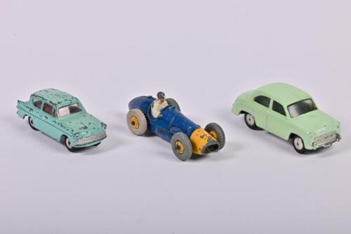 ENGLISH DIECAST: Three English diecast models. DINKY TOYS FORD ANGLIA (155) & CORGI TOYS MORRIS COWLEY (202m). Dinky Toys Ferrari Grand Prix car