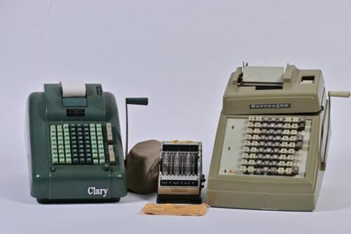 ADDING MACHINES: Three adding machines, including Clary and Burroughs, the largest 23cm high, 33cm wide, 35cm deep