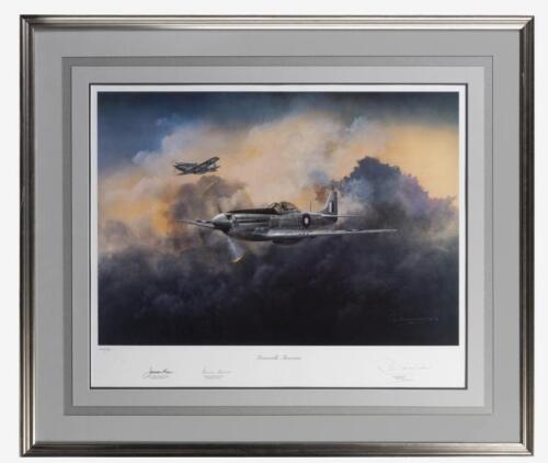 P-51 MUSTANG&nbsp;RAAF: An impressive&nbsp;limited edition (246/500) print by Peter Randall-Kent titled 'Townville Twosome', signed by pilots and artist, 79cm x 92cm overall.