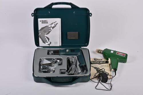 HEAT GUN / DRILL : A Bosch HW-70 cordless reversible drill and a Black and Decker heat gun in carry case
