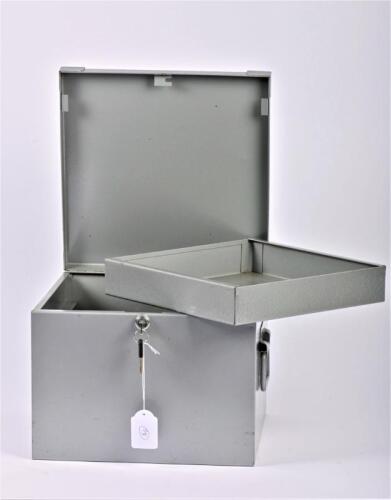 STRONGBOX: A steel strongbox with key, 23cm high, 33cm wide, 33cm deep
