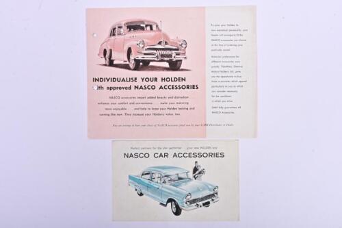 NASCO: Two circa 1950s Nasco Holden accessories sales brochures, monotone picture and accessory lists with sales narrative
