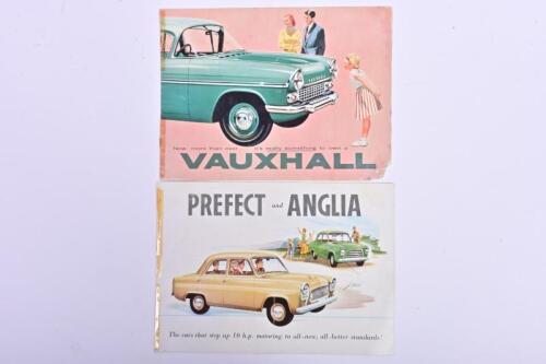 VAUXHALL/FORD: Two vintage sales brochure, one Vauxhall Velox and one Ford Prefect/Anglia, both with colour pictures with sales narrative and specifications, tape to both spines, the Ford marked to front with pen and the Vauxhall wear and loss to lower ri