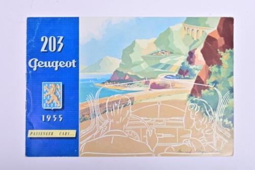 PEUGEOT: A 1955 Peugeot 203&nbsp;sales brochure, rendered colour pictures with sales narrative, model specifications/dimensions, cutaway diagrams with descriptions, technical characteristics to rear, four pages including front and back, English text.