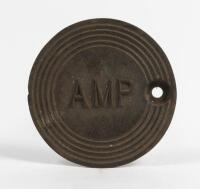 AMP: c1936-1949 cast iron service station underground tank filler cover plate with AMP lettering, 23cm diameter. Original condition. Remnants of blue paint evident