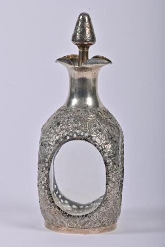 DECANTER: A Chinese sterling silver mounted dragon decorated whiskey bottle, marked to base: Sterling Silver Hongkong, 26.5cm high