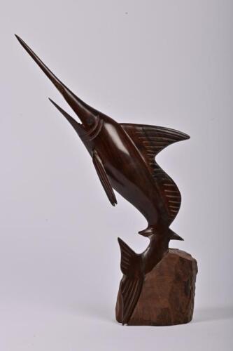 MARLIN: A carved rosewood figure of a marlin, 52cm high
