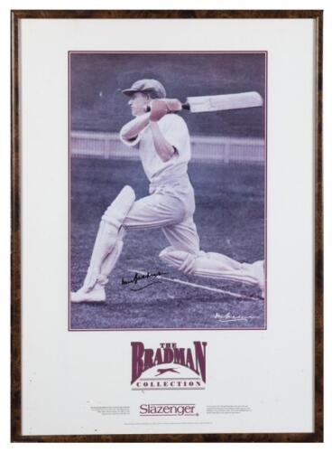 SIR DONALD BRADMAN: An autographed framed poster 'The Bradman Collection' by Slazenger, signed by Sir Donald Bradman to the lower center, details of Sir Donald Bradmans achievements lower left, framed and glazed, 61 x 41cm overall