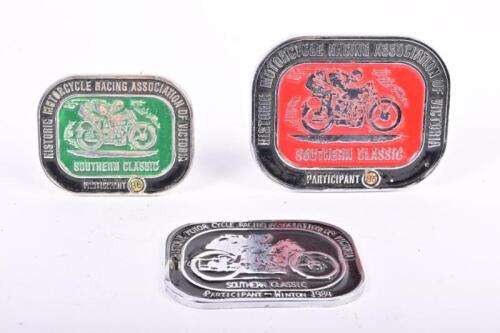 SOUTHERN CLASSIC: Three 'HISTORIC MOTORCYCLE RACING ASSOCIATION OF VICTORIA - SOUTHERN CLASSIC' participant car badges. 1984 - 1986