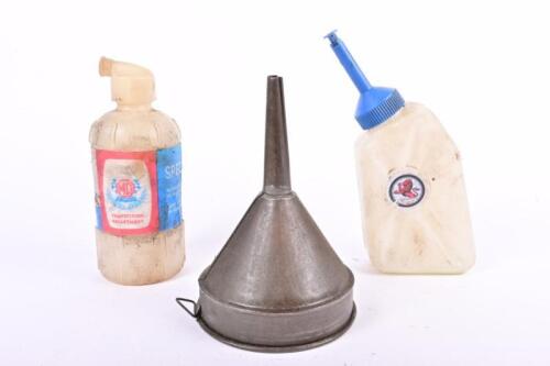 DISPENSERS/FUNNEL: Two battery filler dispensers with oil/petrol funnel