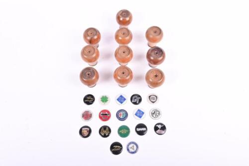 GEAR KNOBS: A collection of ten Australian made wooden gear knobs. Selection of gear knob emblems