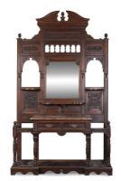 HALL STAND: A large Edwardian carved mahogany hall stand, with brass hooks and central marble top, 267cm high, 157cm wide.,48cm deep