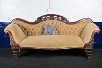 SETTEE: A Victorian velvet upholstered carved mahogany camel back settee, length of back 222cm - 2