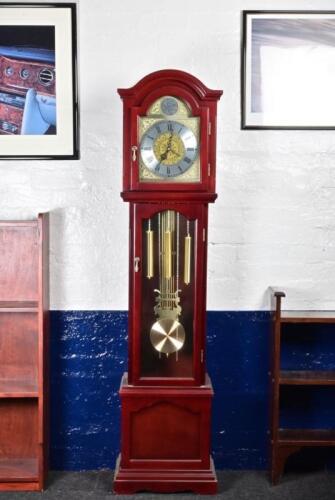 LONG CASE CLOCK: An antique style long case clock, battery driven with electric chime, 178cm high, 44cm wide, 28cm deep