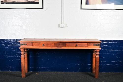 HALL TABLE: A Balinese hardwood ironbound hall table, 77cm high,165cm wide, 46cm deep