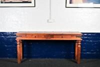 HALL TABLE: A Balinese hardwood ironbound hall table, 77cm high,165cm wide, 46cm deep