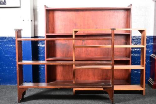 SHELVES: Three low open back shelves, 86cm high, 114cm wide, 19cm deep and 85cm high, 92cm wide, 17cm deep