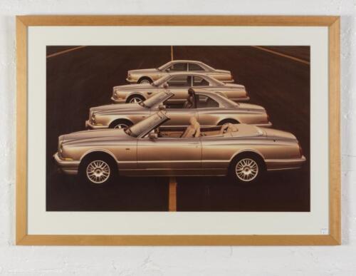 BENTLEY: A mid 1990s showroom photographic print featuring Bentley models including Azure, Continental R, Continental T and another, image 47cm high x 74cm wide
