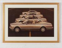 BENTLEY: A mid 1990s showroom photographic print featuring Bentley models including Azure, Continental R, Continental T and another, image 47cm high x 74cm wide