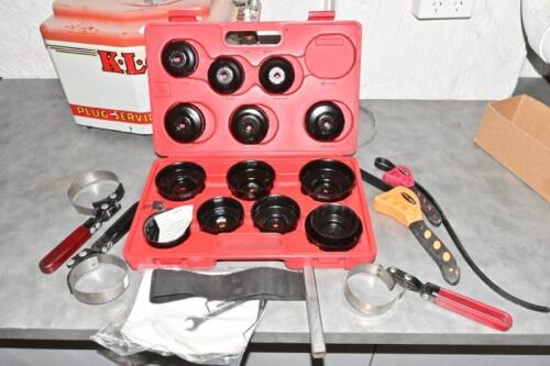 OIL FILTER: A cased 15 pc wrench set in case and oil filter removal hand tools