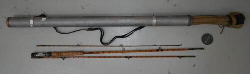 FLY FISHING ROD: Two Vintage Octopus Edgar Sealey & Sons split cane fly fishing rods, one with two end lengths in original canvas carry case and further aluminium case, 273cm or 290cm long, the other 272cm long