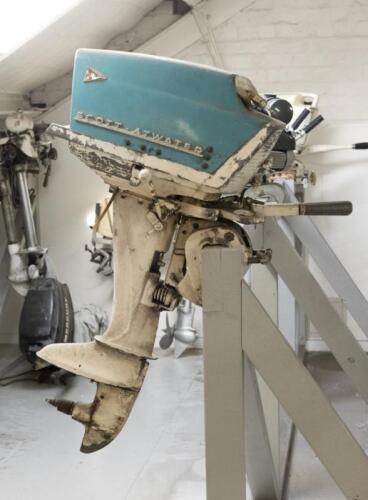 SCOTT ATWATER: A early 1950s Scott Atwater 40 hp outboard motor in original condition, cast aluminum, steel, fibreglass, manufacturer's decals to head &lsquo;Scott-Atwater&rsquo;, serial no. 3375 8772, 103cm high, 36cm wide, 73cm deep