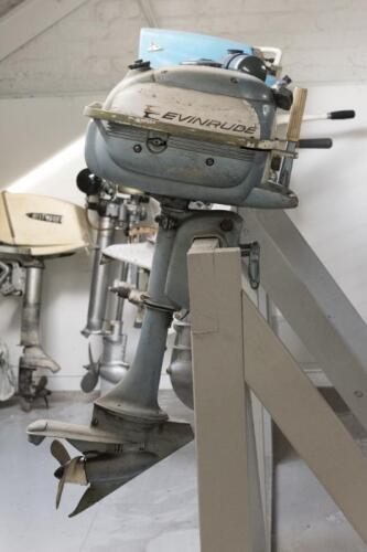 EVINRUDE: A circa 1950s Evinrude Lightwin 3 hp outboard motor in original condition, cast aluminum, steel, manufacturer's marks to head &lsquo;Evinrude', serial no. 3038.A615, 96cm high, 26cm wide, 61cm deep
