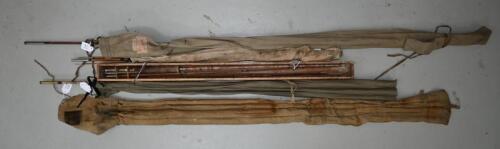 FLY FISHING ROD: A Milward Spincraft split cane fly fishing rod in original canvas carry case, 217cm long, together with four other split cane fishing rod of varying lengths and condition