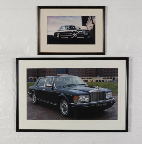 BENTLEY: Two showroom photographic prints depicting Bentleys, on of the Arnage, mounted, framed and glazed, 46cm high x 64cm wide overall